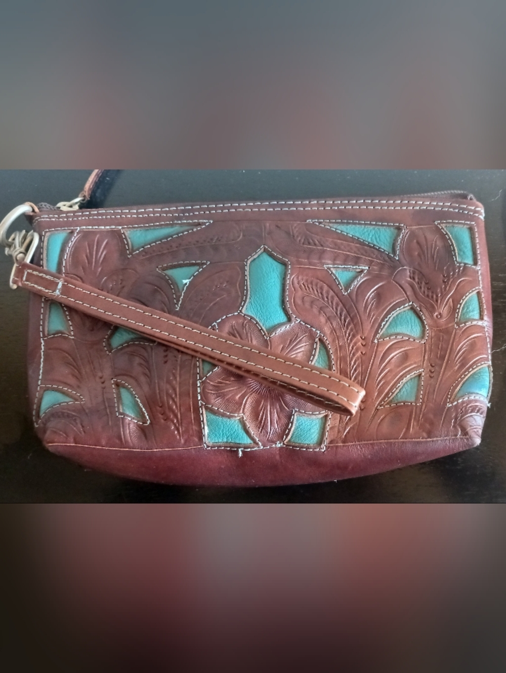 Leaders In Leather Handbag Embossed Tooled Wristlet Bag Purse